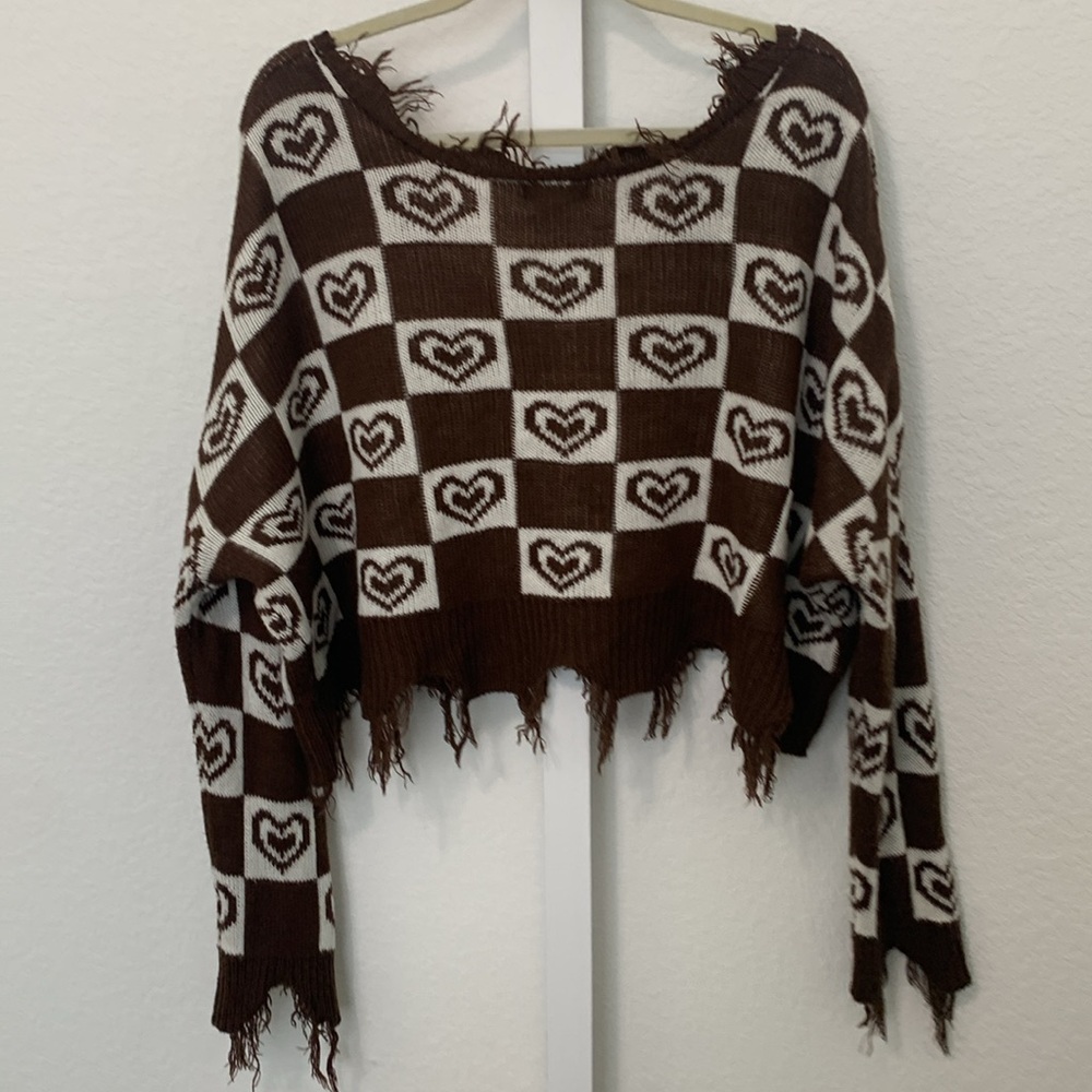 Just Polly Checkered Heart Graphics Distressed Oversized Slouchy Sweater - Picture 5 of 7